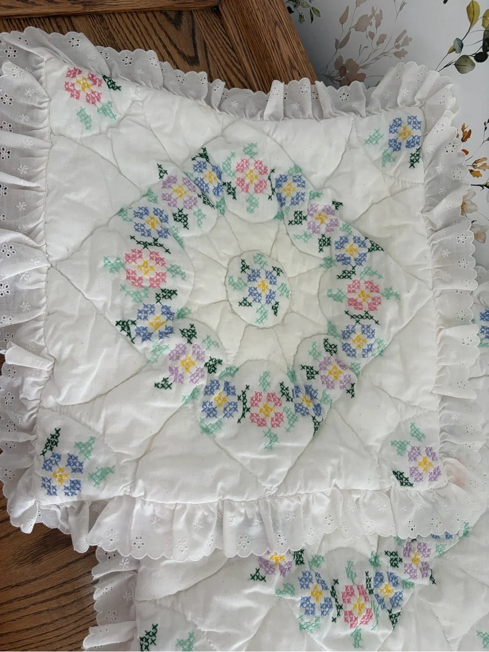 Vintage Quilted Cross Stitch Pillow Shams (TWO ONLY!!)